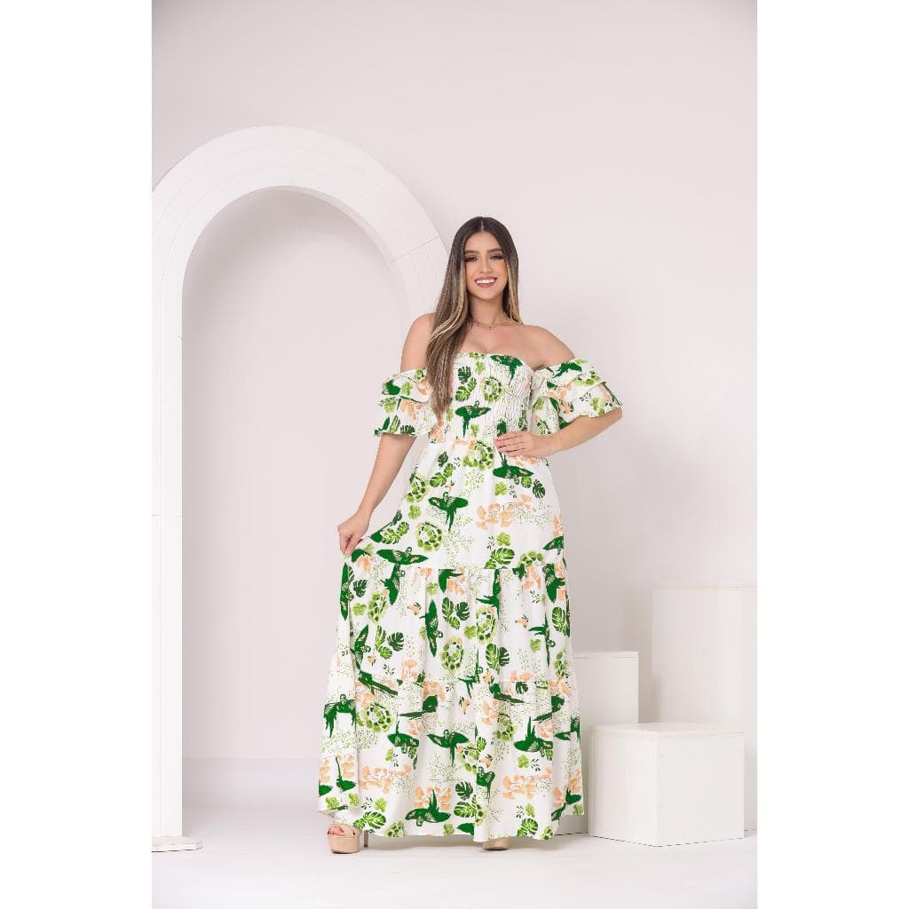 Vestido Feminino Longo Ciganinha Ombro a Ombro Cigana Rodado Soltinho Babado Estampado Floral Latex Adulto