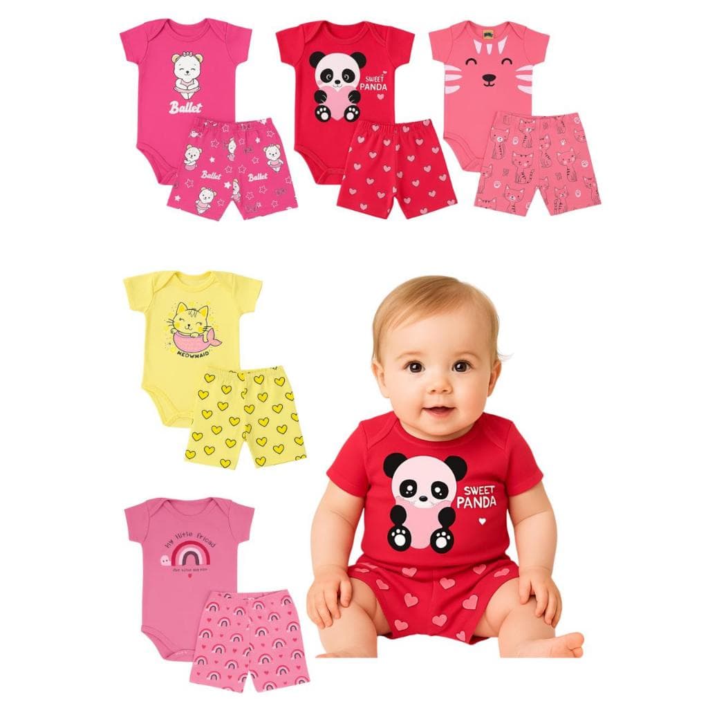 Kit com 10 Peças 5 Conjuntos de Body Bebê Menina do P ao GG