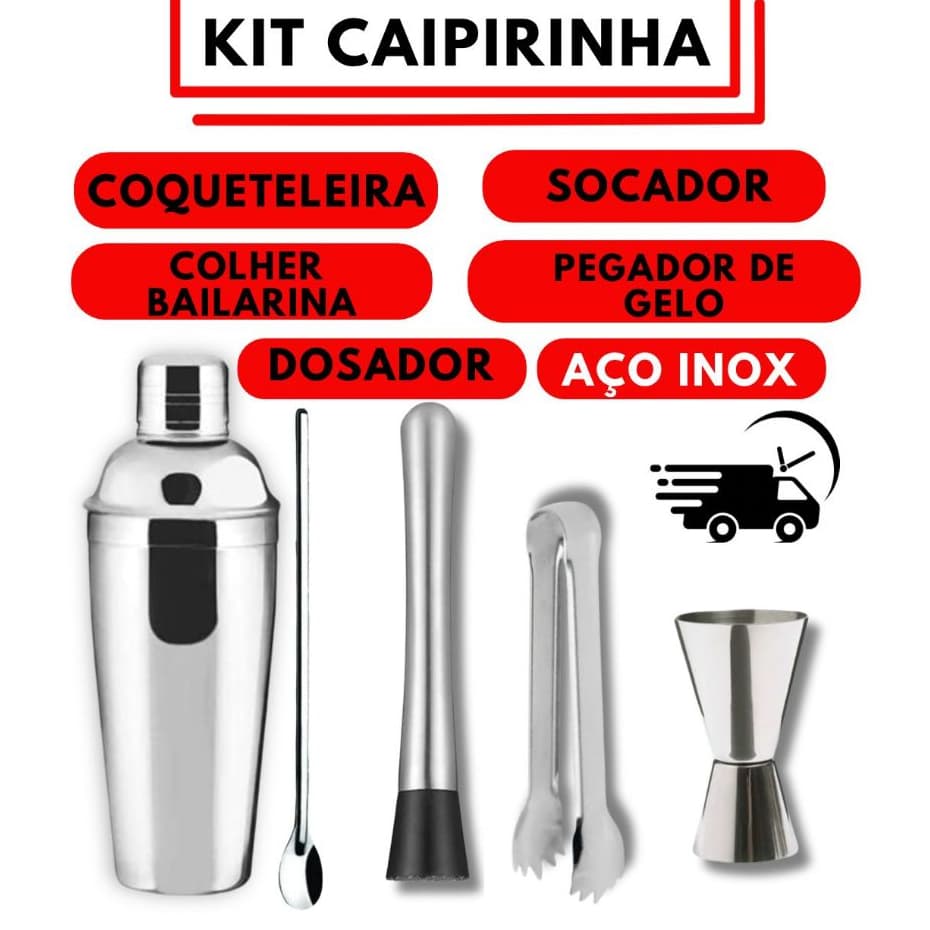 Kit Caipirinha Barman 5 Peças Inox Coqueteleira 750ml Colher Bailarina Pegador Gelo Socador Dosador
