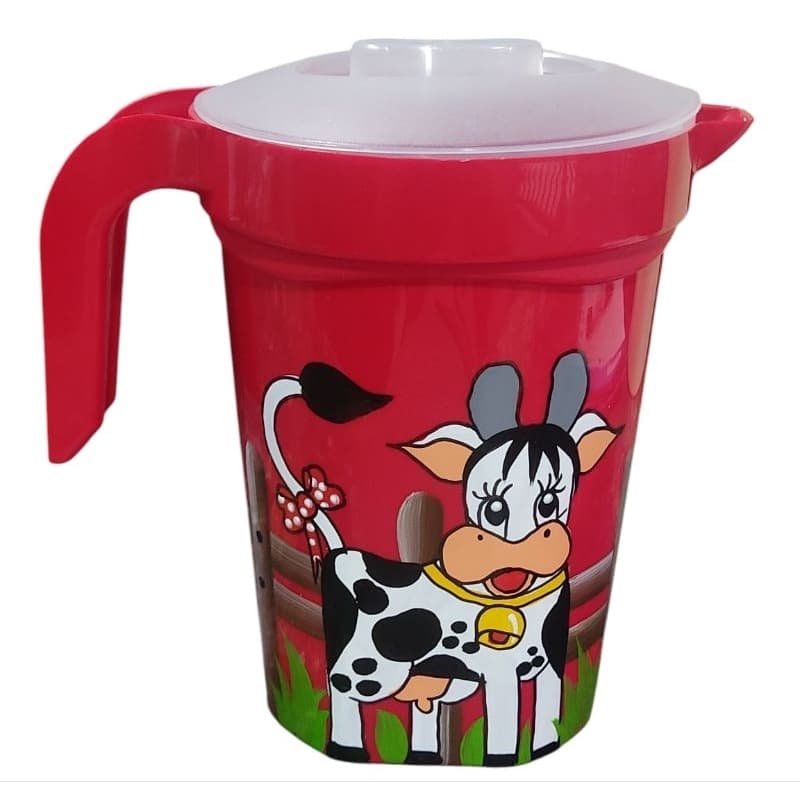 Jarra de plástico vermelho decorado a mão suco água leite 1,8 litros