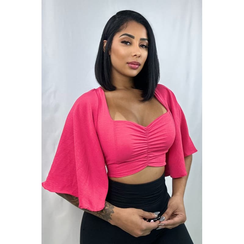 Blusa Cropped Manga Soltinha Flare Morcego Com Bojo Costa Nua