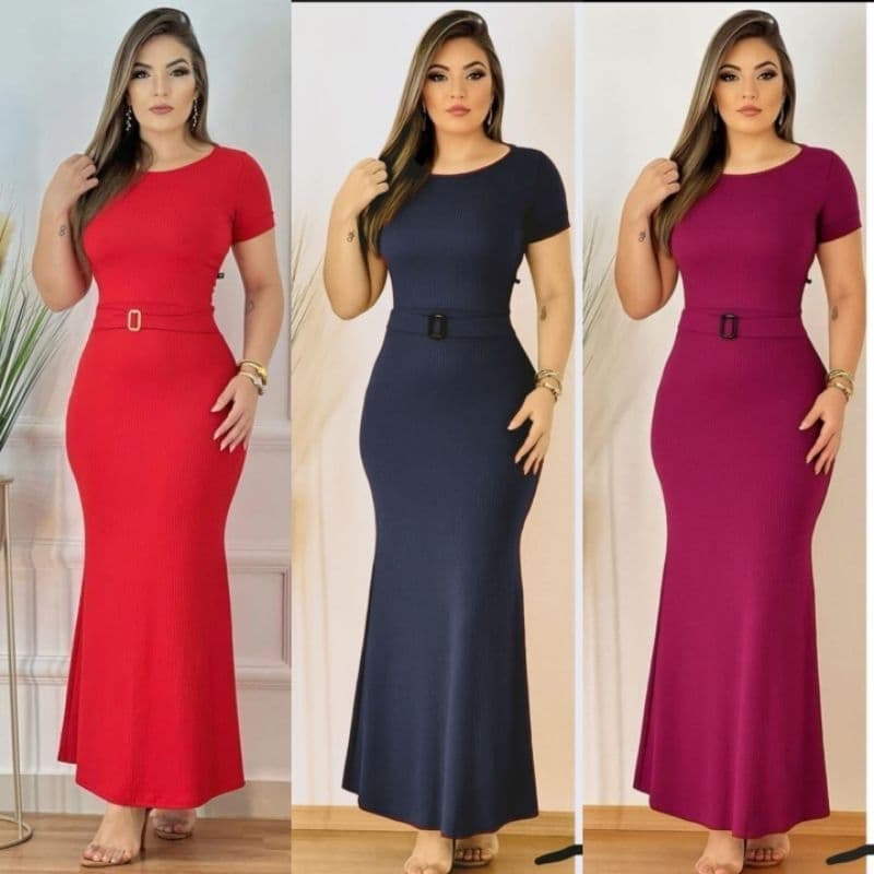 Vestidos feminino longo com cinto vestido tubinho canelado com manga  moda evangélica