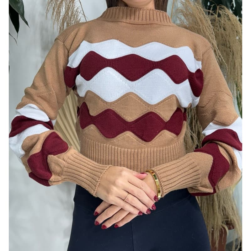 Blusa tricot modal manga longa listrada feminina confortável versátil alto relevo 3D inverno