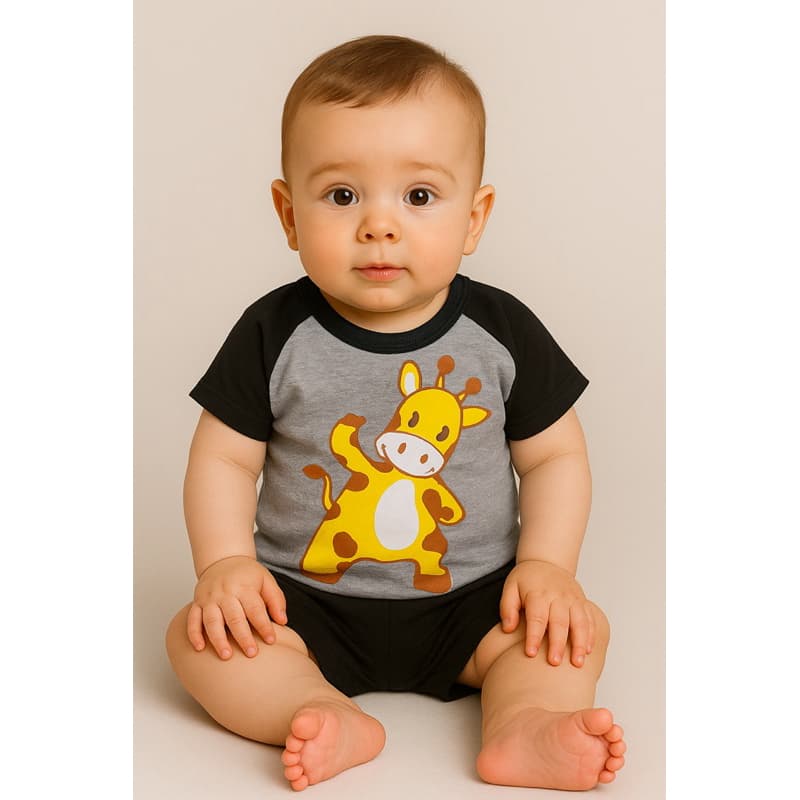 Roupa bebê MENINO Conjunto camiseta e shorts girafa veste de 3 á 6 meses