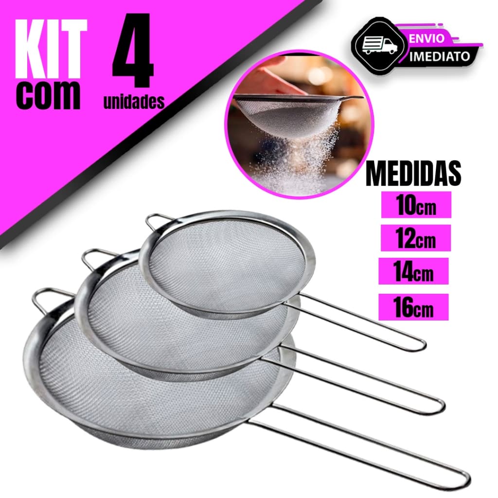 Kit Peneiras Aço Inox com 4 Tamanhos – 16cm a 10cm – Cozinha Profissional