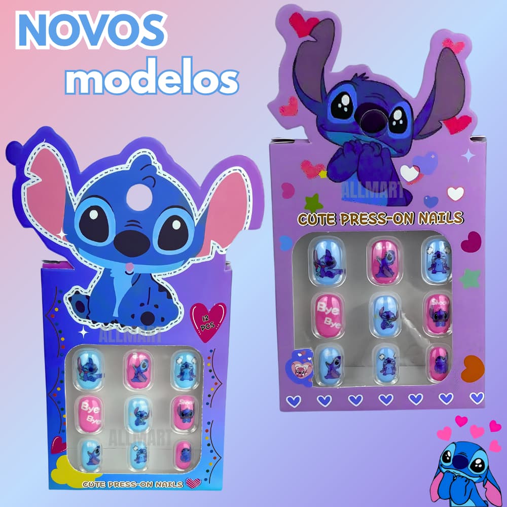 Unhas Postiças Infantis Stitch Disney – Kit Completo Fofo e Seguro!