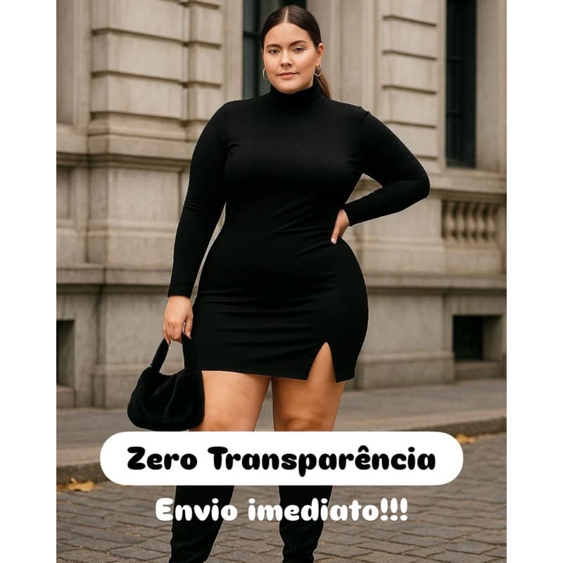 Vestido Zero Transparência Curto Gola Alta Fenda Manga Longa Suplex Elegante Confortável Plus Size