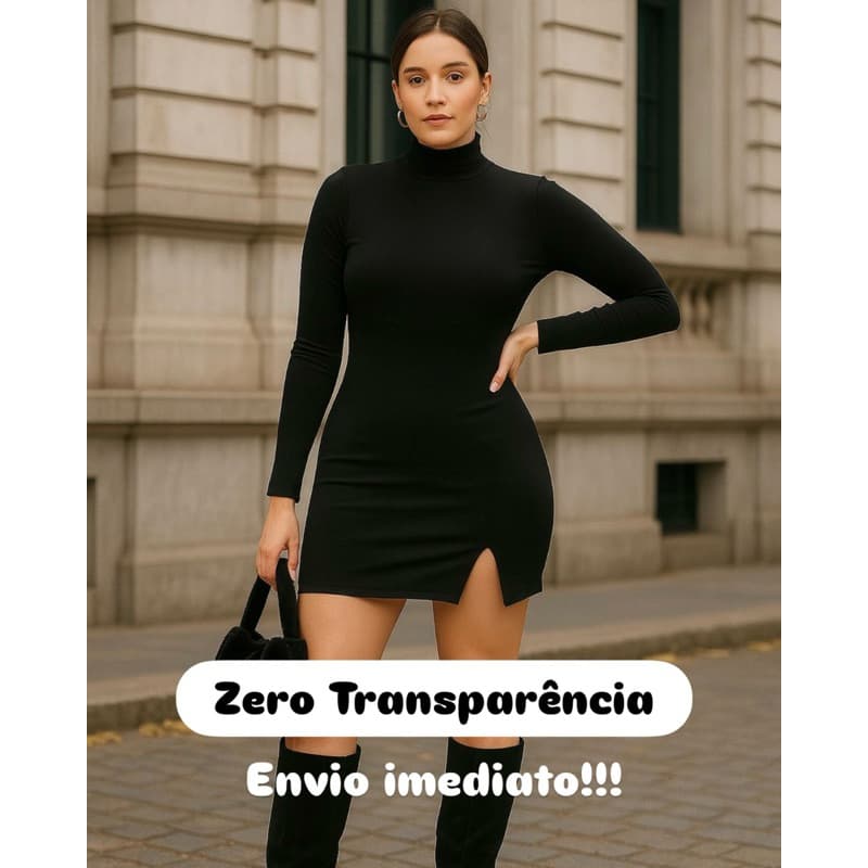 Vestido Curto Zero Transparência Moda Feminina Gola Alta Justo Fenda Manga Longa Malha Suplex