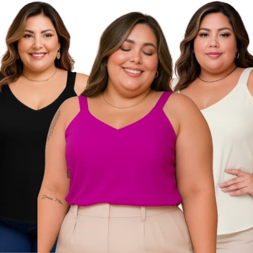 Kit 3 Regatas Alça Larga PLUS SIZE Básica Elegante Soltinha Tecido Duna Decote V