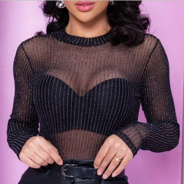Body Tule Lurex Manga longa fio em lurex Brilho Prateado listrada Novo