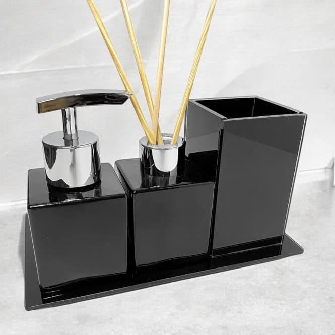 Kit Lavabo Banheiro Preto Com Porta Escova Vidro Aromatizador Saboneteira e Bandeja