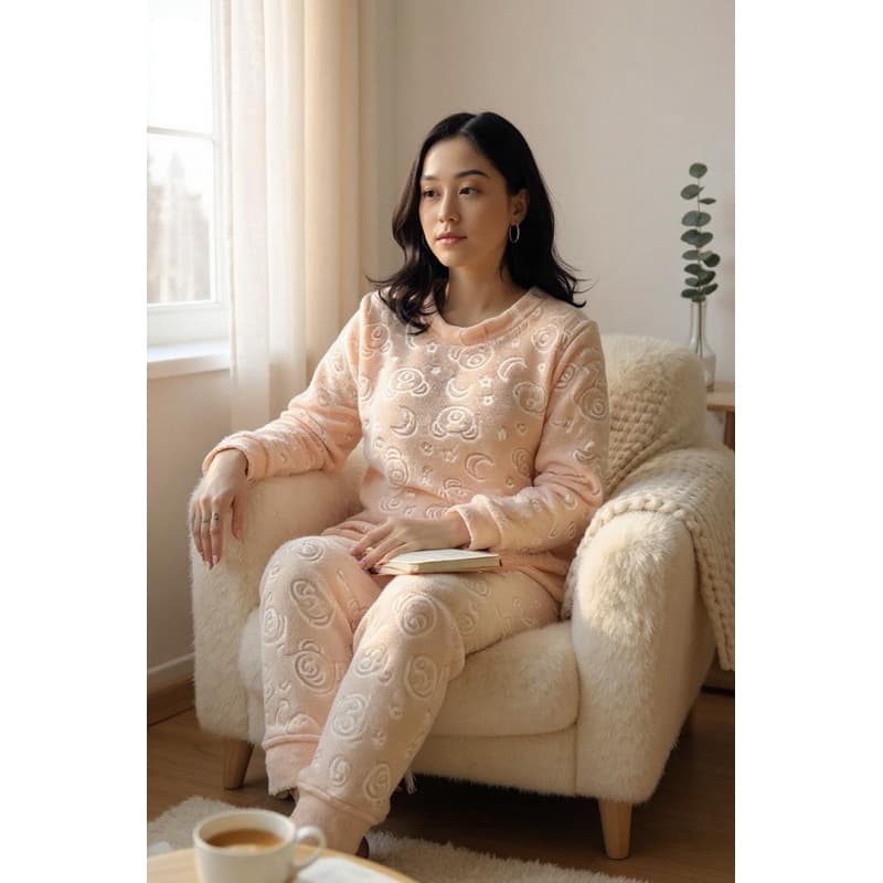 Conjunto Pijama inverno feminina tecido de Fleece de Coral, Sleepwear de Inverno Quente e Confortável cores aleatório
