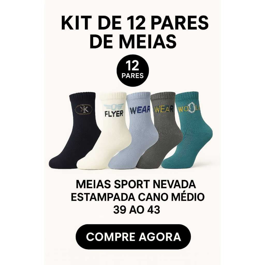 Kit de 3 a até 12 Pares de Meias Sport Nevada Estampada Cano Médio 39 a 43. "ENVIO EM ATÉ 24 HORAS"