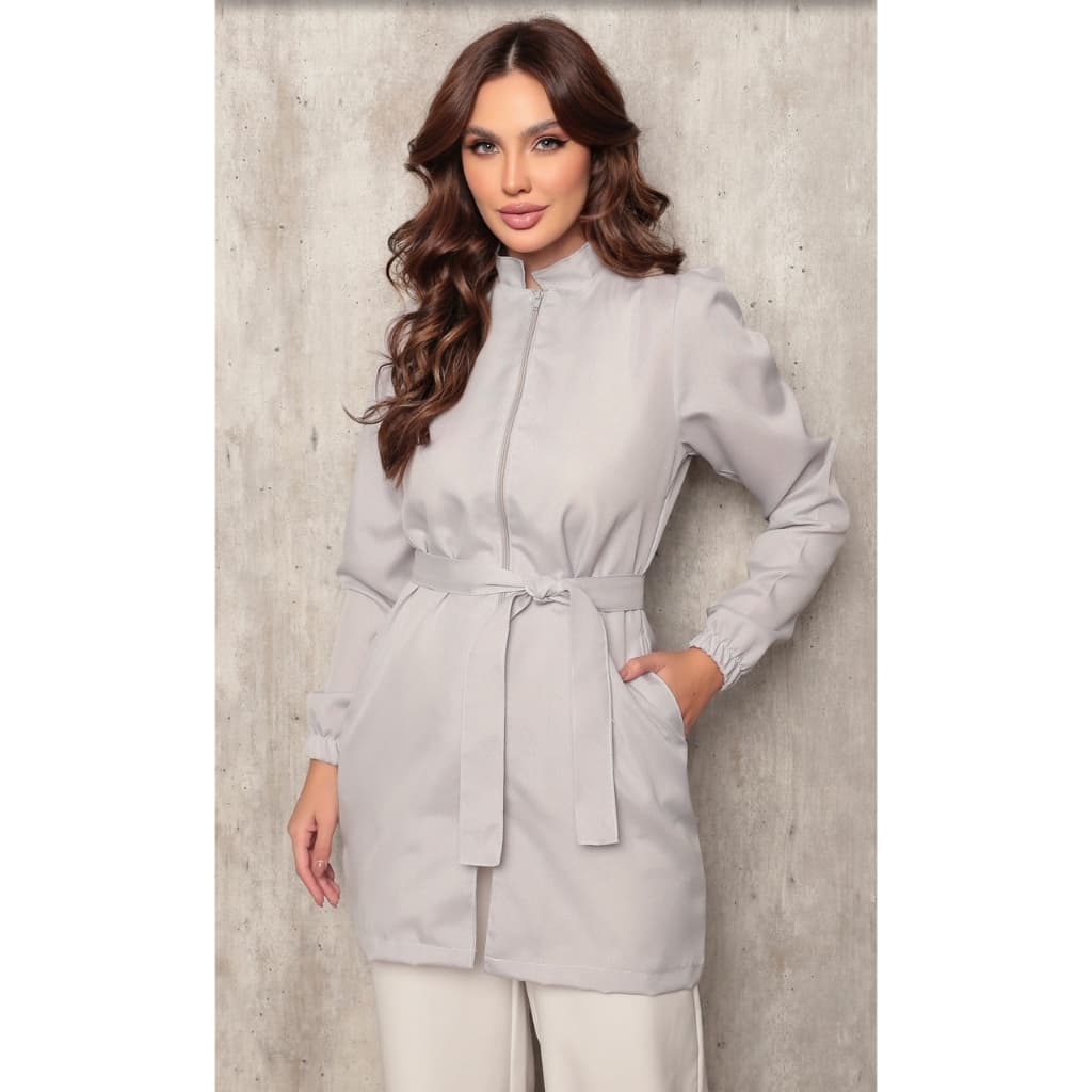 Jaleco Feminino Manga Longa Acinturado Marcela Cinza Gardenia Jalecos