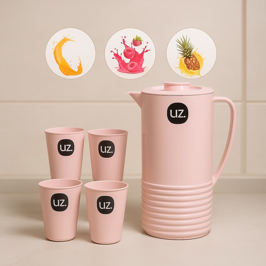Conjunto Jarra com Tampa 1,8L + 4 Copos Rosa 300ml – Jogo para Suco, Água e Chá – Ideal para Cozinha