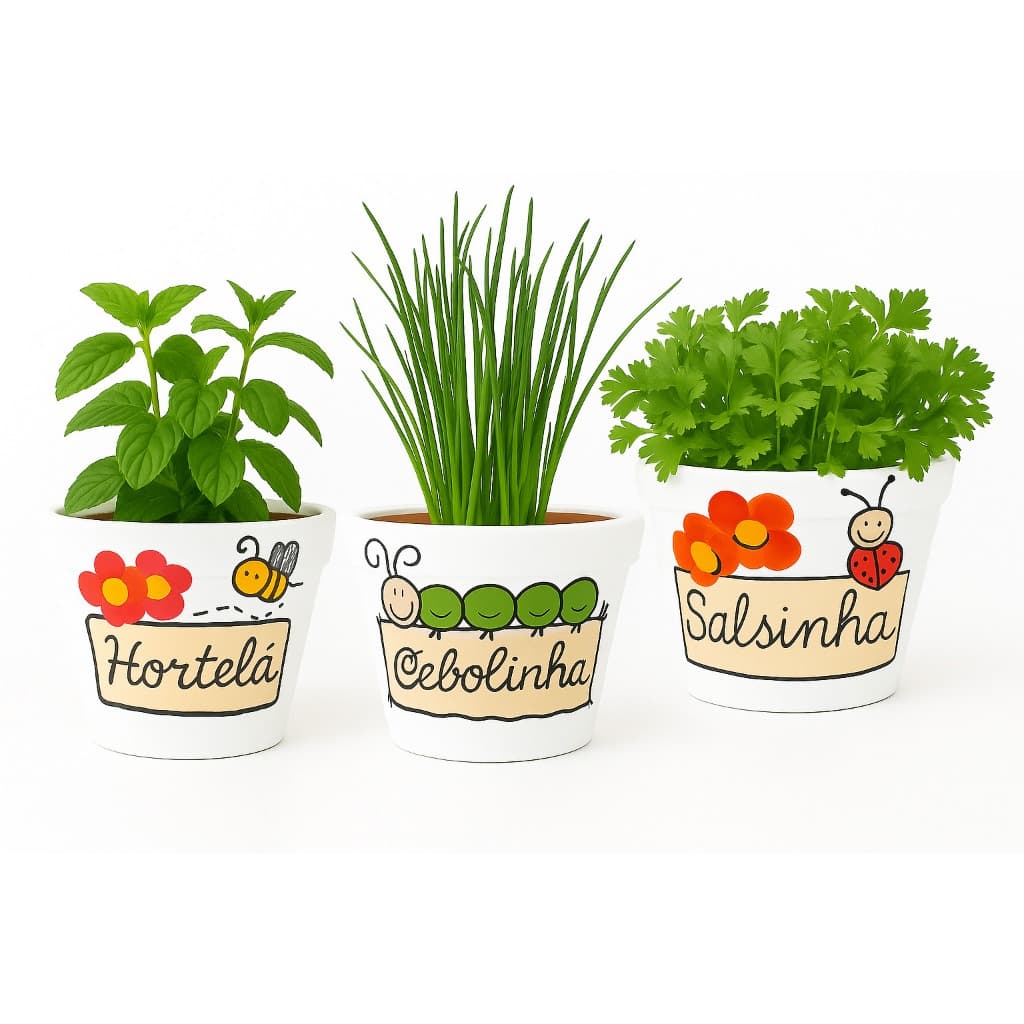 Kit 3 Vasos de Barro Decorados para Condimentos – Cebolinha, Salsinha e Hortelã