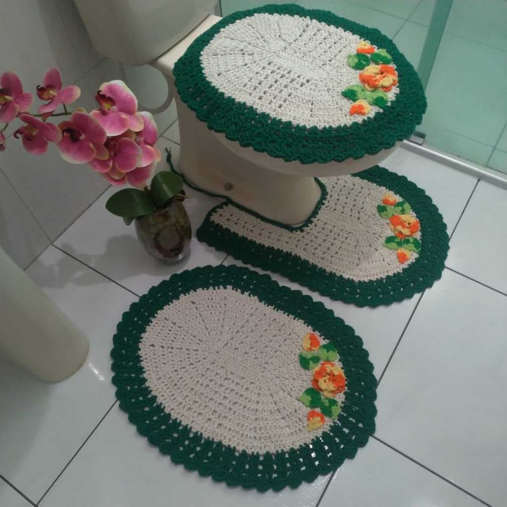 Tapete Banheiro Crochê Jogo Com 3 Peças Flores Promoção