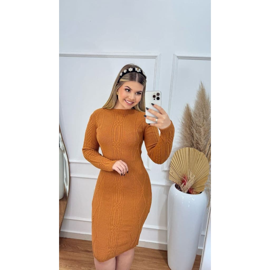 Vestido Midi Tricot Modal Premium Texturizado Elegante Gola Redonda Manga Longa Moda Inverno