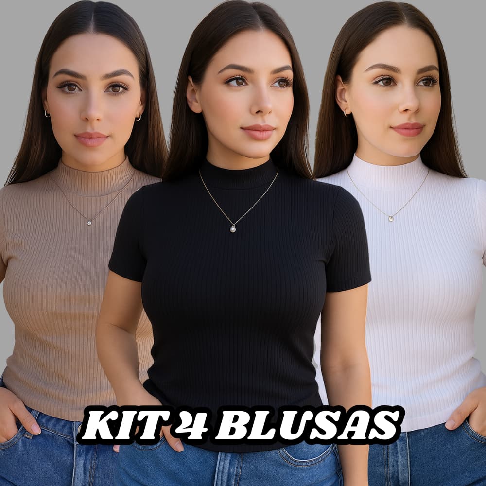Kit 4 Blusa Canelada Feminina Gola Alta Manga Curta