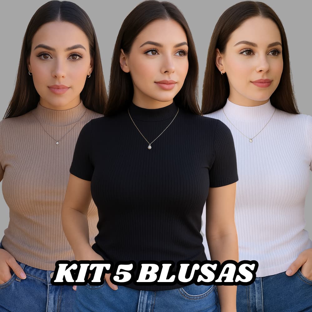 Kit 5 Blusa Canelada Feminina Gola Alta Manga Curta