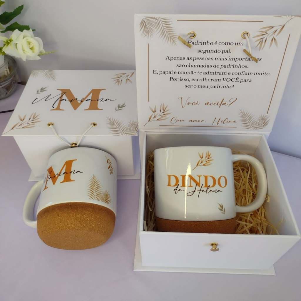 caixa e caneca para convite padrinhos/madrinha/dindos/batizado/batismo/consagração/casamento/presente/personalizado luxo