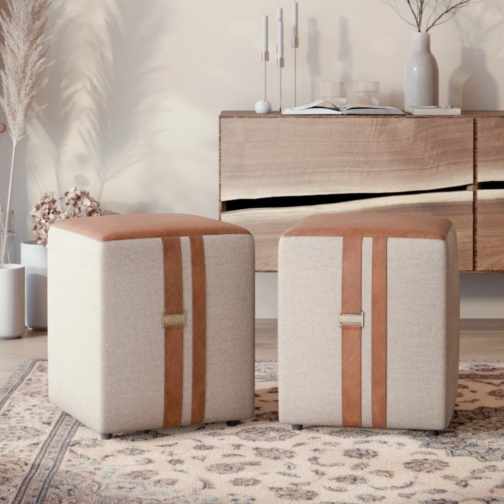 Kit 2 Puff Quadrado em Couro E Linho 45X32 - Domus