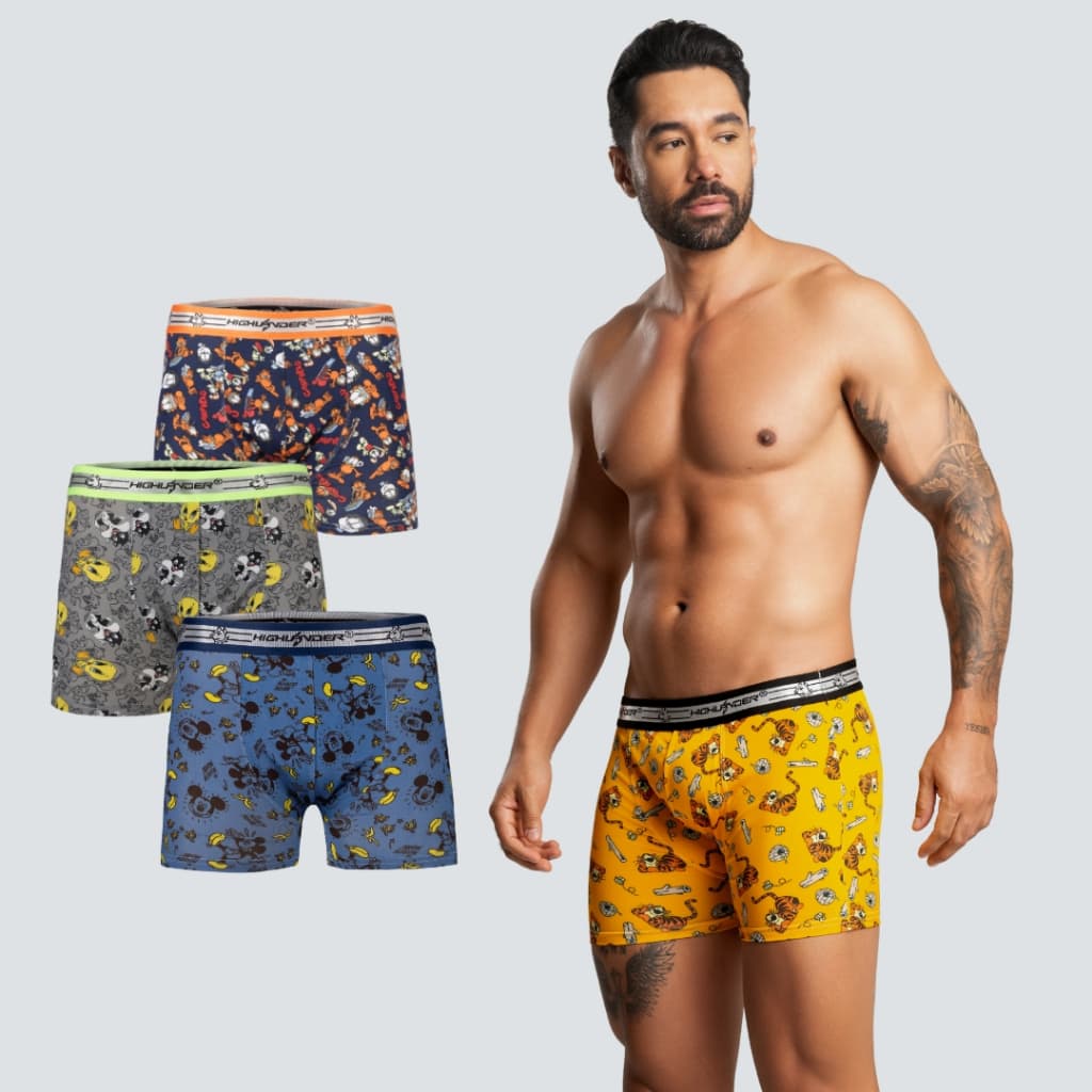 KIT COM 3 CUECAS BOXER BOX ESTAMPADA MASCULINA ADULTO ROMANTIC COM FORRO 100% ALGODÃO