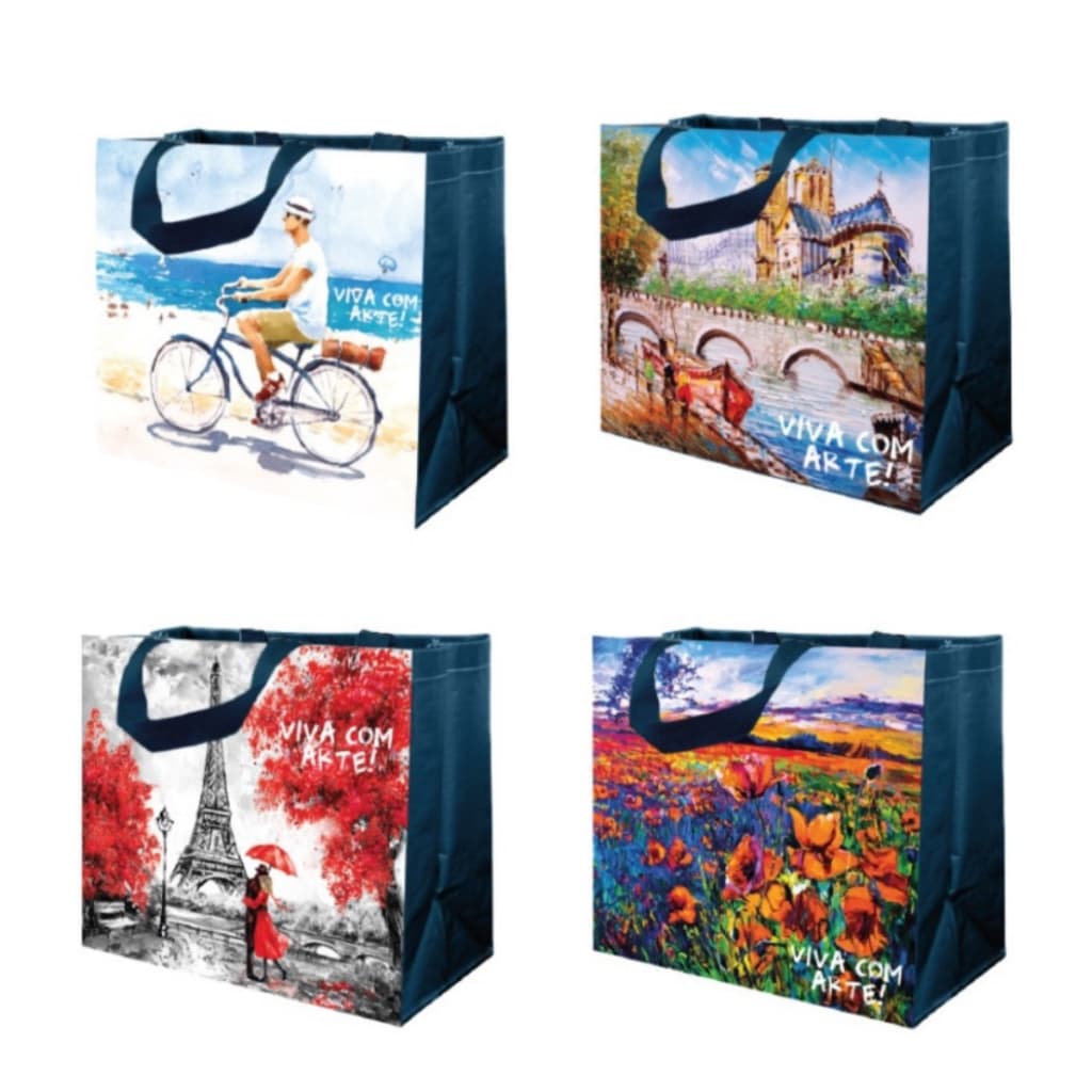 Kit 4 Sacolas Retornáveis De Ráfia Paisagem Ecobag - 35x18x40
