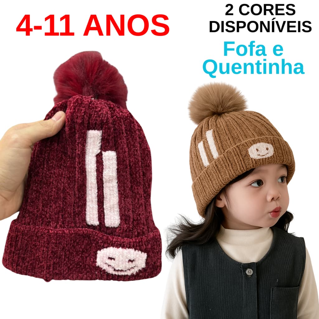 Gorro Touca Infantil Menino Menina Frio Inverno Feliz PomPom Felpudo 4 a 11 Anos Casa Quarto Escola Criança Unissex