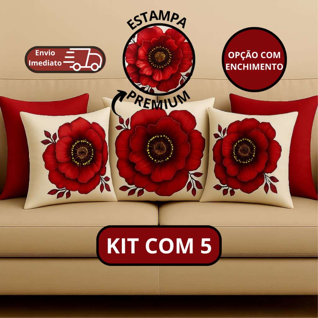 ALMOFADAS FLORAIS DECORATIVAS VERMELHAS | KIT 5 PEÇAS EM SUEDE | 45x45cm | OPÇÃO COM ENCHIMENTO