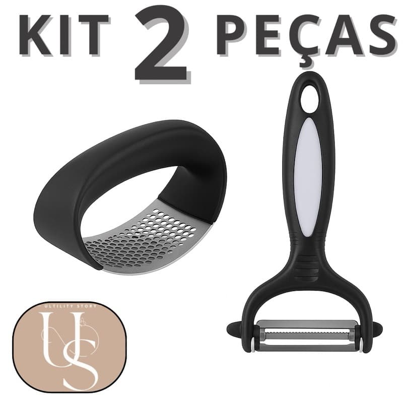 Kit 2 Peças Amassador de Alho e Descascador de Legumes Cortador de Inox e Espremedor Manual
