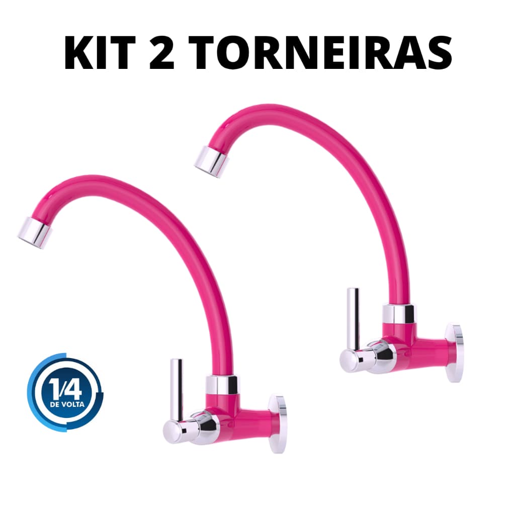 Kit 2 Torneira de Parede para Cozinha Rosa com Bica Móvel 1/4 de Volta