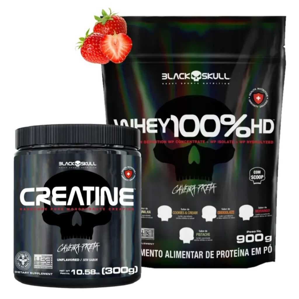 Whey 100% HD 900g Refil + Creatina 300g 100% Pura - Black Skull