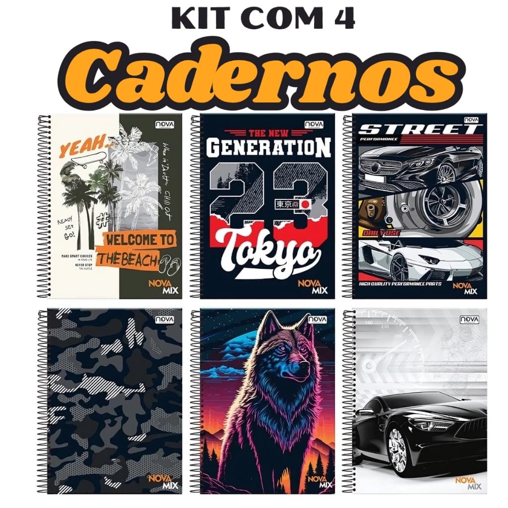 Kit com 4 Caderno Espiral Arame Escolar 1 Matéria Capa Dura Masculino