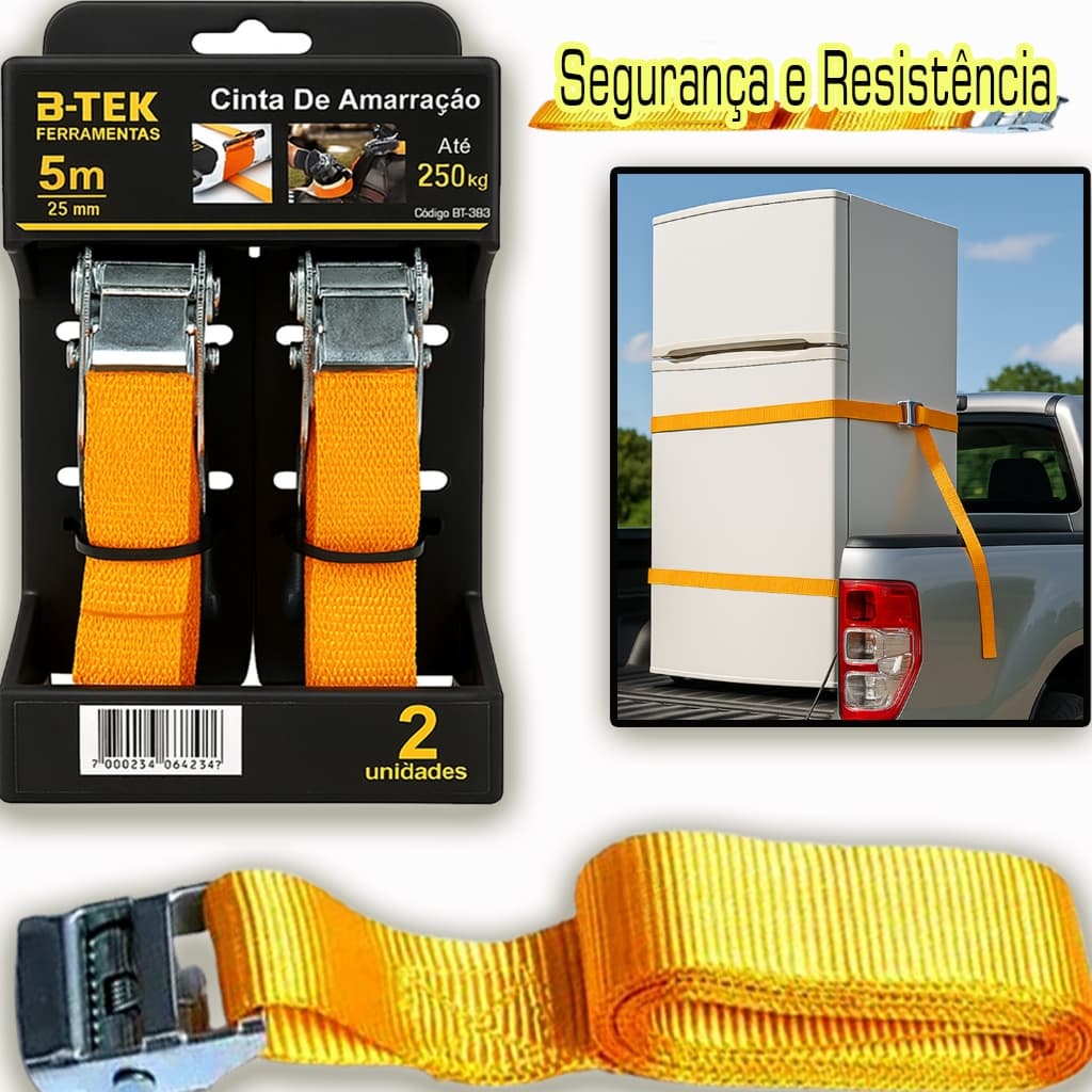 Cinta Amarração 2,5m 250kg Carga Btek Nylon Presilha Fivela
