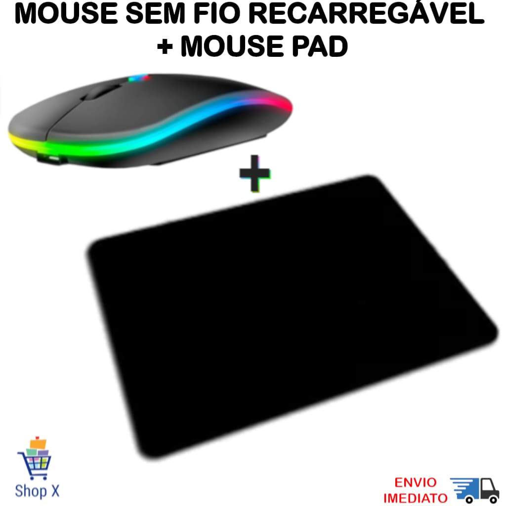 Kit Mouse Sem Fio Recarregável Mousepad Sortido Mouse Bluetooth Wireless RGB Ergonômico Silencioso