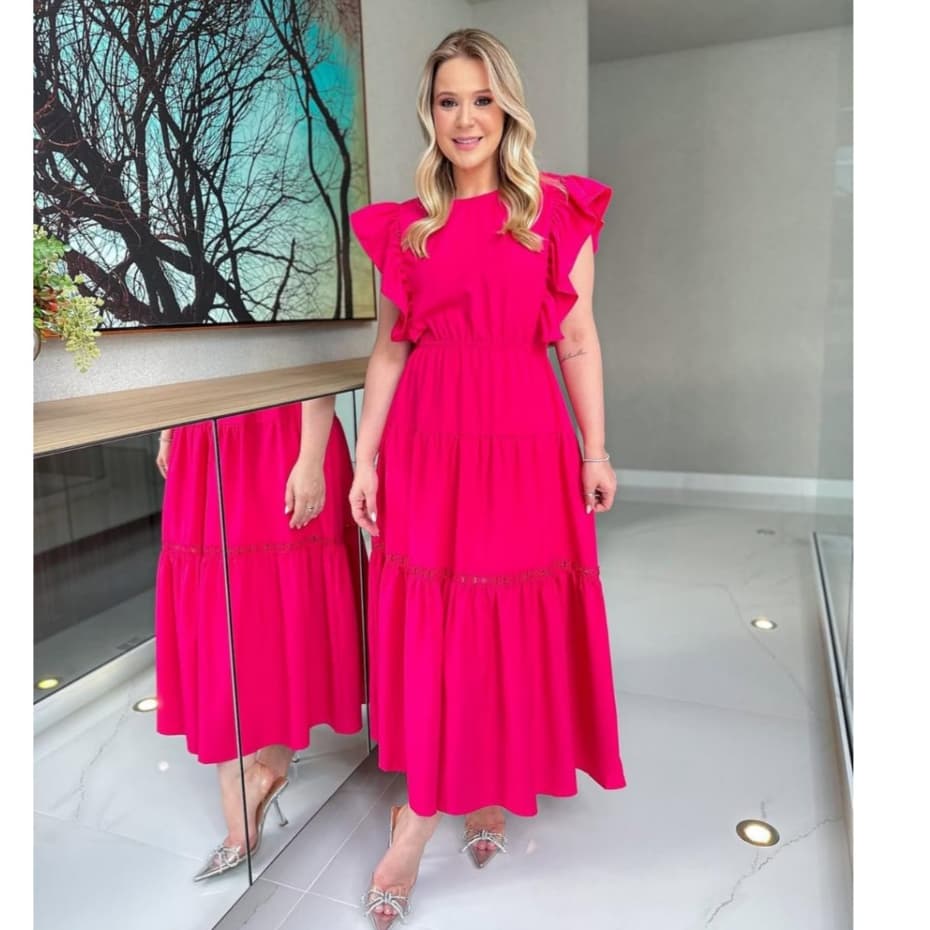 vestido feminino longo manga babado moda evangélica, com renda na saia e elástico na cintura, com forro na saia.
