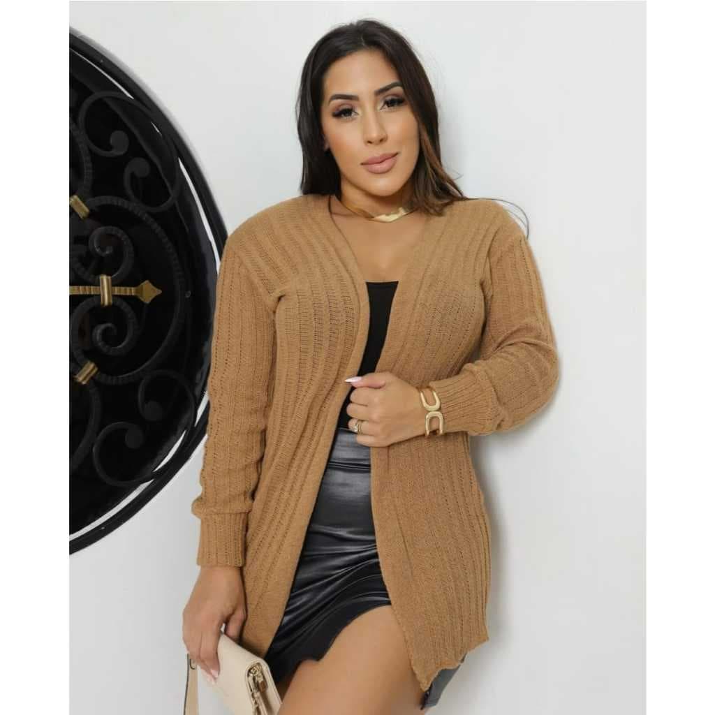 Casaco Cardigan Luxo Liso Tricot Inverno Moda Feminina Blogueira Varias Cores