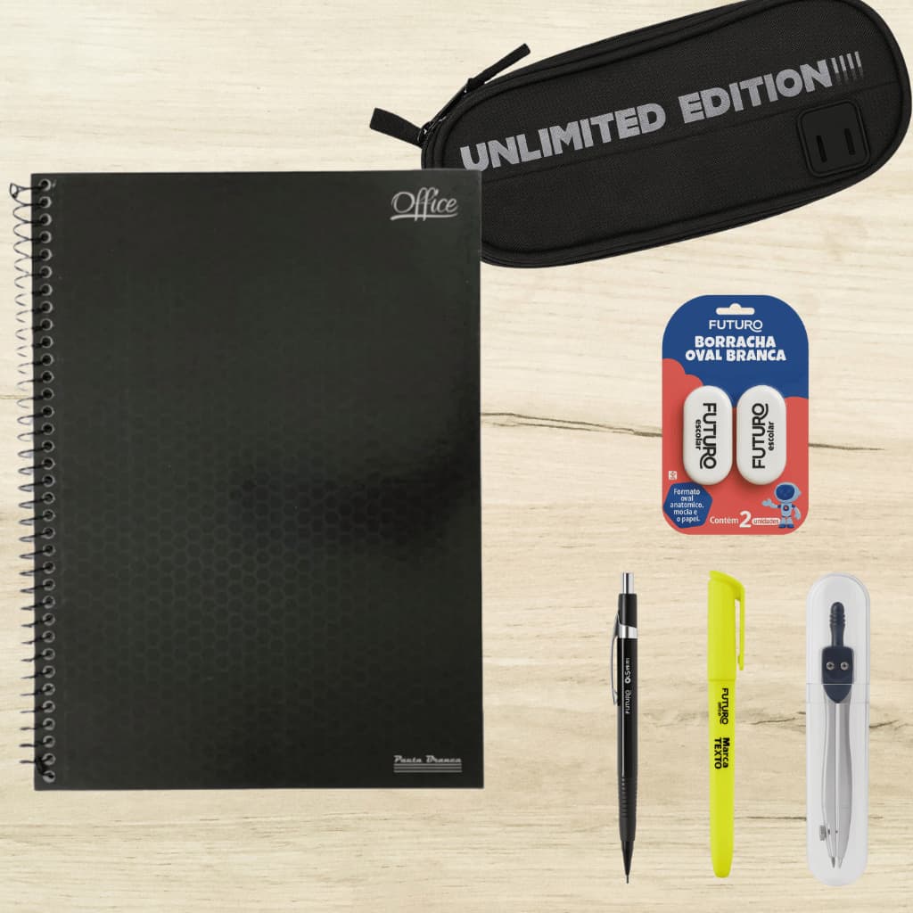 Kit papelaria BASIC SET - Estojo DUPLO 2 Borrachas Compasso Caderno Capa Dura 96folhas Lapiseira e Marca Texto