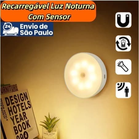 Luz Noturna LED Sensor de Movimento USB Recarregável, Lâmpada de Noite