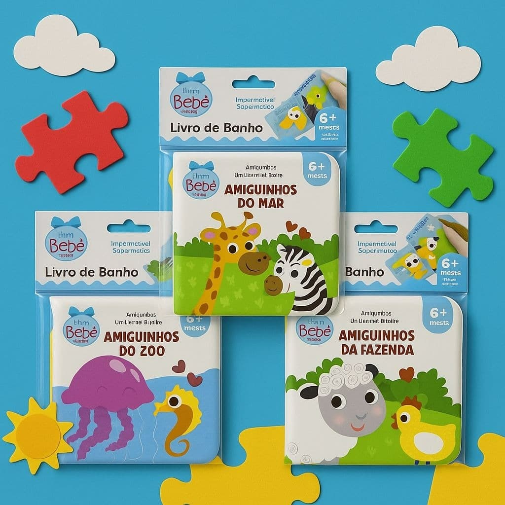 Kit 3 Livros de Banho Simpáticos amiguinhos  do Mar, Amiguinhos da Fazenda, Amiguinhos do Zoo