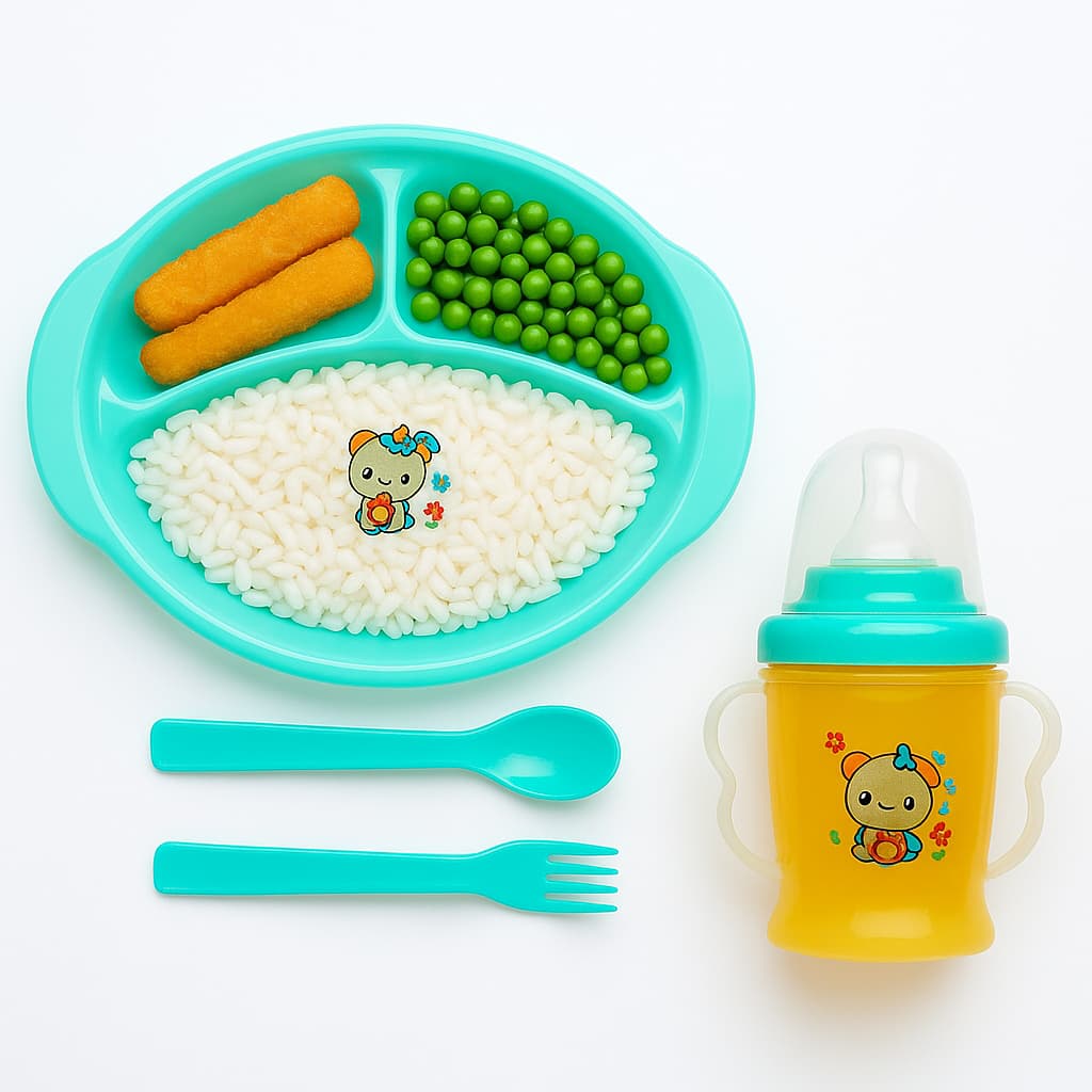 Kit  Refeição Infantil para Bebê – Prato com Divisórias + Talheres e Copo com Alças e Bico BPA FREE