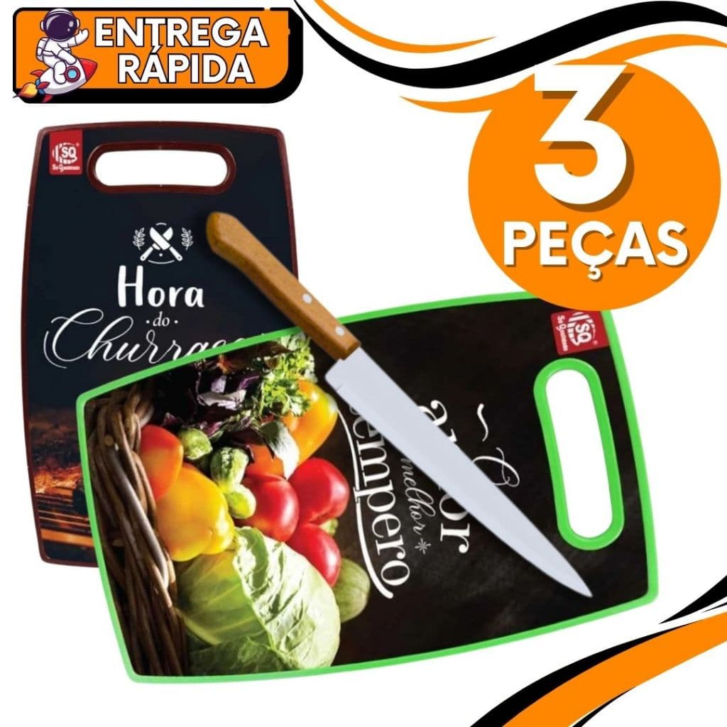 KIT 2 Tabua Alimentos + 1 Faca Corte Carne Legumes Frutas Vegetais Paes Churrasco Cozinha Profissional MDF Plastico Chef