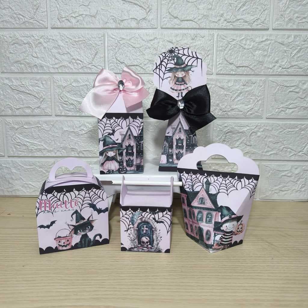 Kit Personalizados caixinhas Halloween Bruxinhas Rosa e Preto aniversário-Festa PEGUE E MONTE