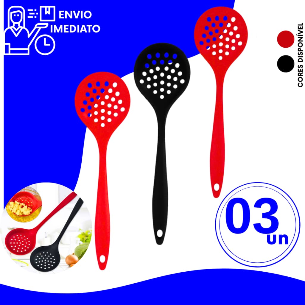Kit Escumadeira Silicone 28,5cm Profissional Altas Temperaturas Utensílios de Cozinha para Buffet