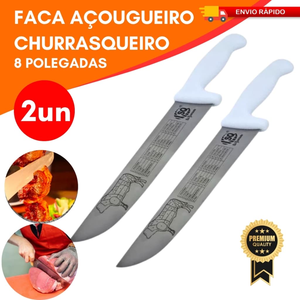 Conjunto 2 Faca Açougueiro Churrascaria 8 Polegadas Aço Inox Alta Qualidade Resistente Afiada