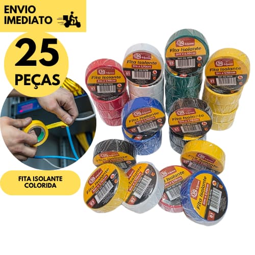 Kit 25 Rolos Fita Isolante 5 Metros Colorida PVC Elétrica Automotiva Alta Resistência