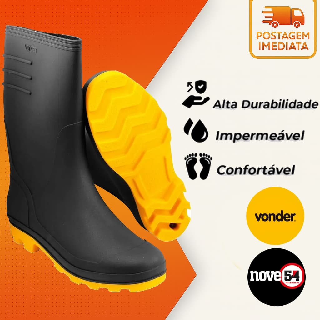 Bota PVC VONDER Galocha Impermeável para Motociclista Chuva Cano Médio Sem Forro