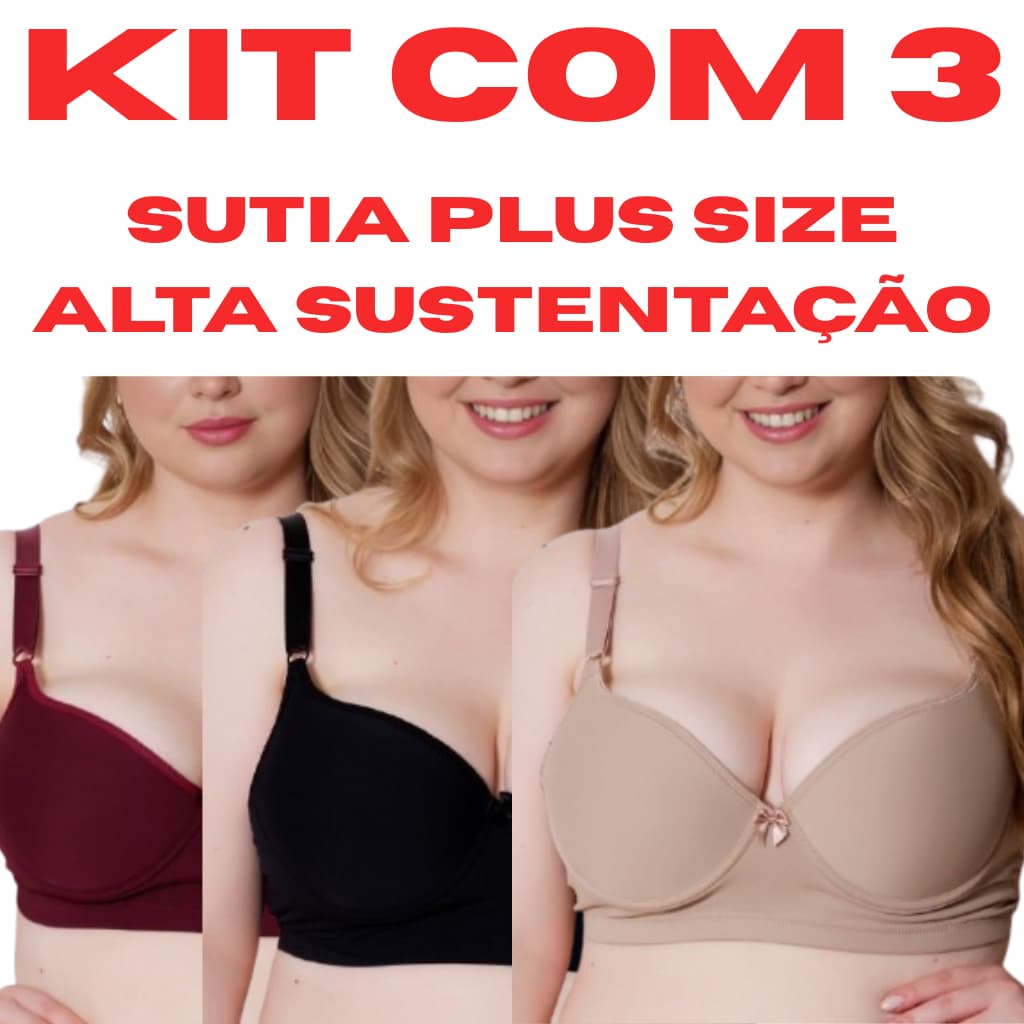 Kit 3 sutiã Sustentação Plus Size Reforçado Lateral Larga Sem Bojo Promoção