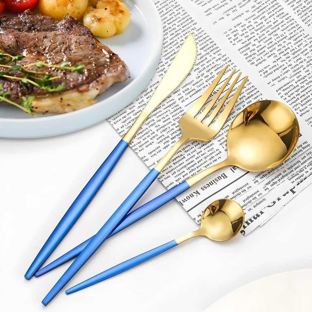 Jogo de Talheres Luxo Faqueiro Slim 4 Peças em Aço Inox Azul e Dourado